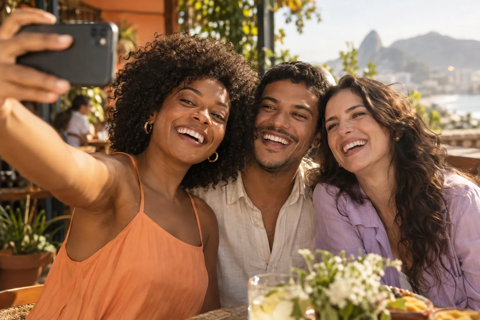 Três amigos rindo enquanto tiram uma selfie numa varanda ao fim da tarde