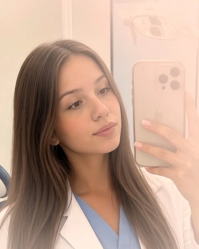 Mulher de cabelo castanho longo tirando uma selfie no espelho
